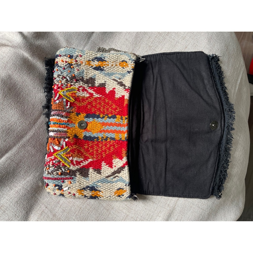 Sam Edelman Beaded Tapestry Crossbody Clutch Bag Boho Fringe Multi Color Chain - Picture 4 of 5